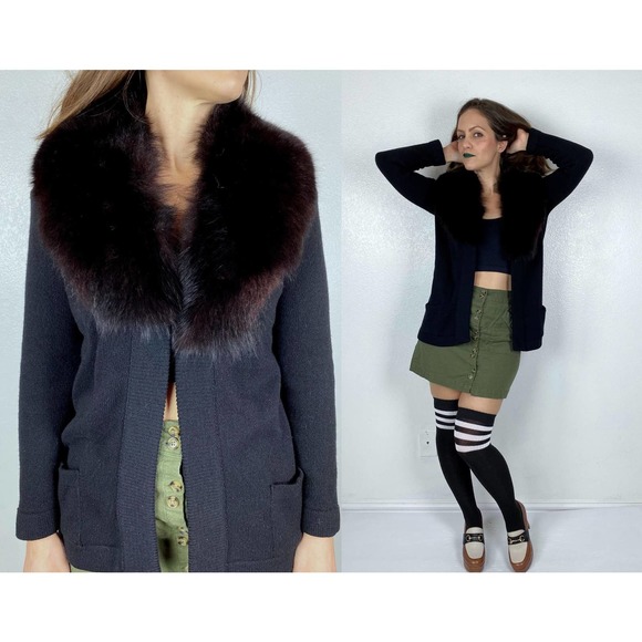vintage 60s Black Real FOX Fur Collar CASHMERE CARDIGAN Medium real fur draped - Picture 1 of 10